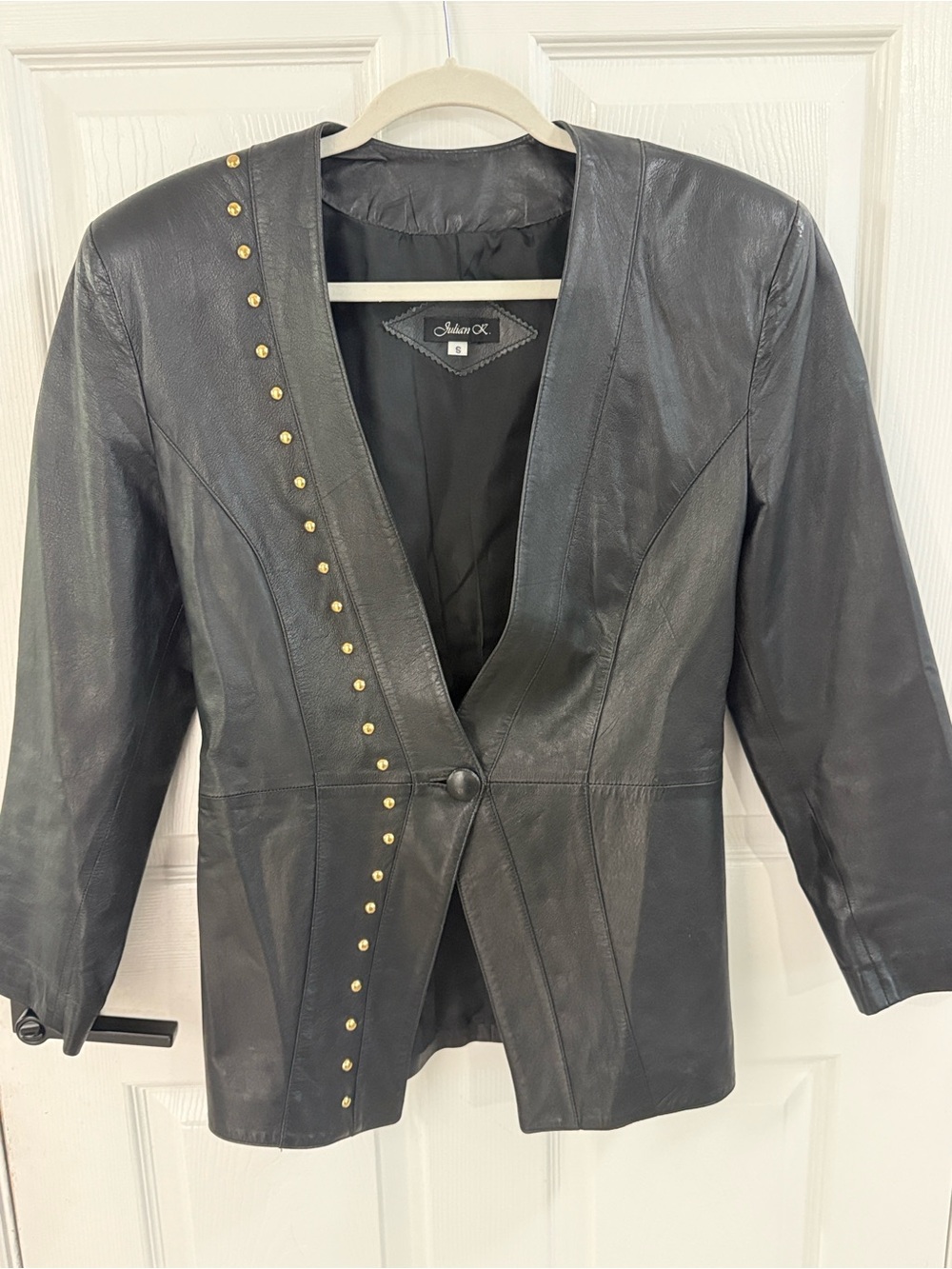 Vtg Julian K Black Leather Blazer Jacket Gold Studs Women's Size S 80’s